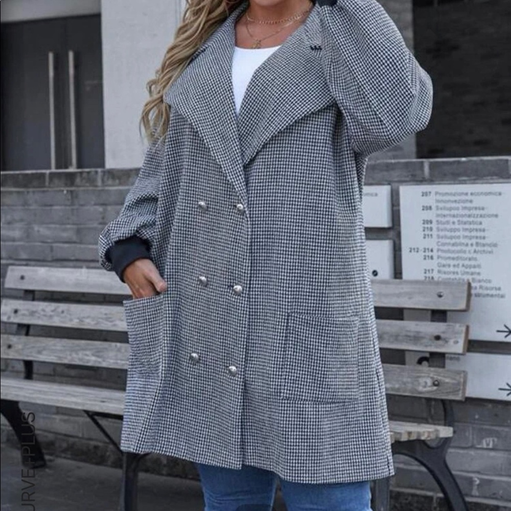 SHEIN plus Houndsooth print lantern sleeve double breasted coat never worn